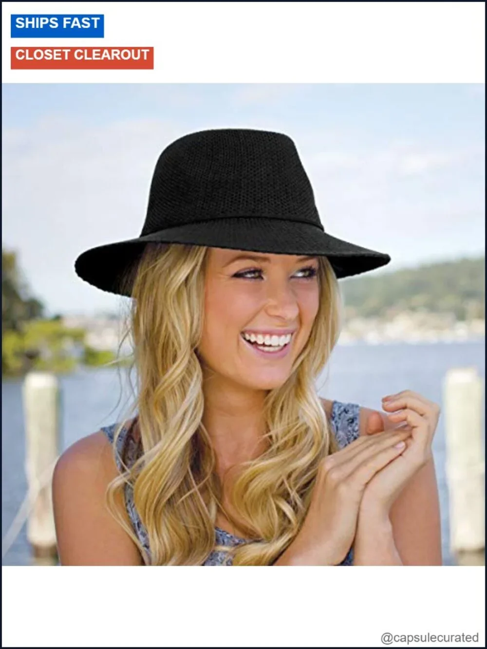 UPF 50+ Women's Wide Brim Packable Straw Fedora Sun Hat with Drawstring